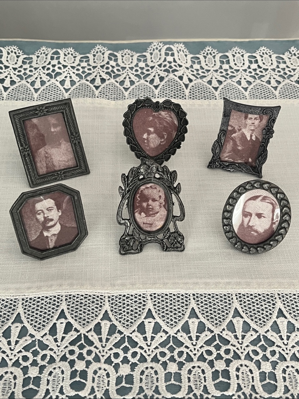 6 Vintage Mini Pewter Picture Frames, Tiny Tabletop Photo Frame Lot, Taiwan